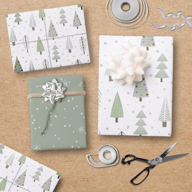 Feuille De Papier Cadeau Arbres de Noël modernes Sage Vert Motif d'olive (Créateur téléchargé)