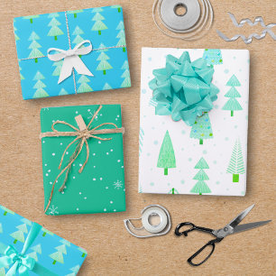 Feuille De Papier Cadeau Arbres de Noël modernes Turquoise Blue Motif Trio