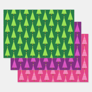 Feuille De Papier Cadeau Arbres de Noël modernes, vert, pourpre, Wrappi ros