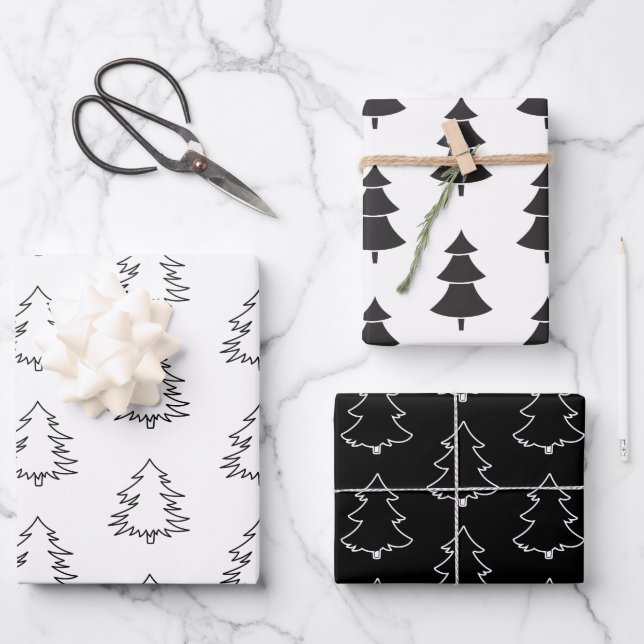 Feuille De Papier Cadeau Arbres de Noël noirs et blancs élégants (Recto)
