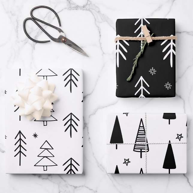 Feuille De Papier Cadeau Arbres de Noël noirs et blancs modernes Stars (Créateur téléchargé)