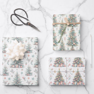 Feuille De Papier Cadeau Arbres de Noël Pastel rose et bleu Décorés