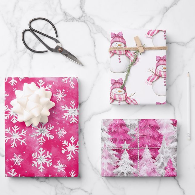 Feuille De Papier Cadeau Arbres de Noël Pink White Snowflakes (Recto)