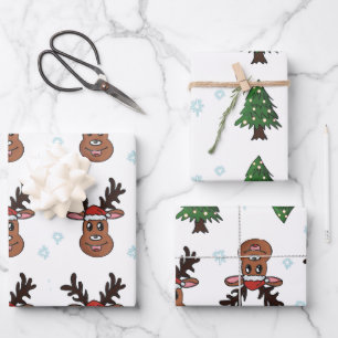Feuille De Papier Cadeau Arbres de Noël Raindeers d'hiver Père Noël Snowfla