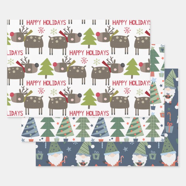 Feuille De Papier Cadeau Arbres de Noël Renne Elfes Rustique Mignon (Lot)