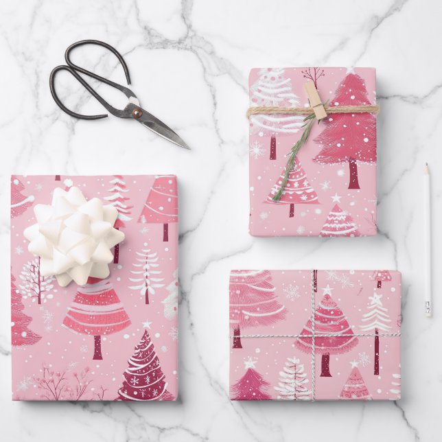 Feuille De Papier Cadeau Arbres de Noël rétro rose pâle (Recto)