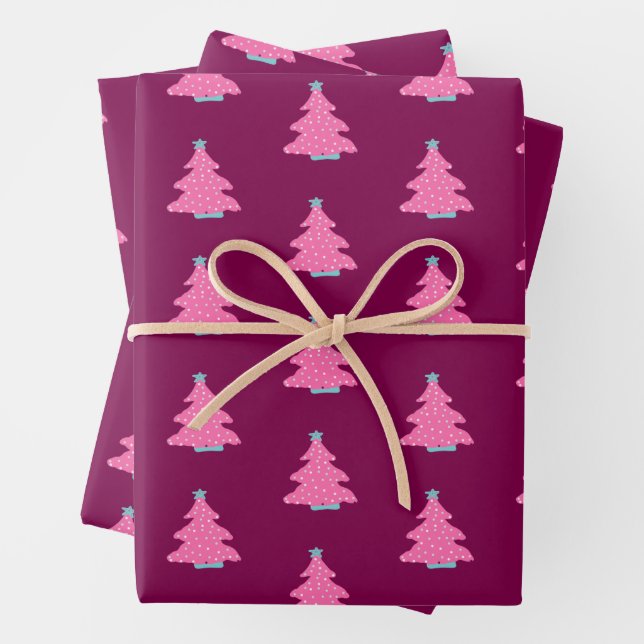 Feuille De Papier Cadeau Arbres de Noël rose contemporain (En situation)