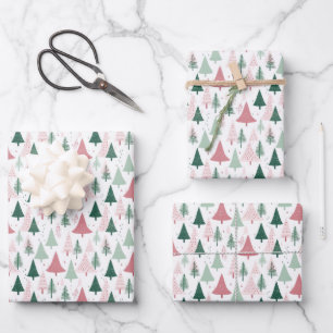 Feuille De Papier Cadeau Arbres de Noël Rose Vert Boho Fêtes Saisonnières