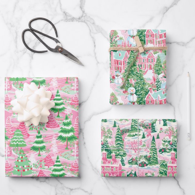 Feuille De Papier Cadeau Arbres de Noël roses et verts (Recto)