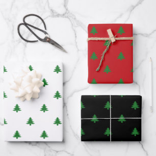 Feuille De Papier Cadeau Arbres de Noël rouge blanc vert noir mignon motif