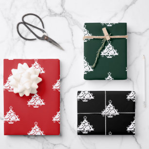 Feuille De Papier Cadeau Arbres de Noël rouge pin foncé vert noir mignon