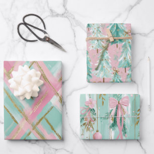 Feuille De Papier Cadeau Arbres de Noël Rubans Paillettes Rose Menthe Or Pr