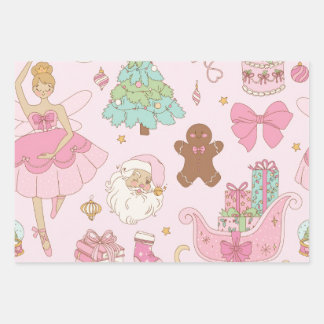 Feuille De Papier Cadeau Arbres de Noël Rubans Rose Pâle Fêtes