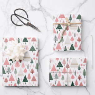 Feuille De Papier Cadeau Arbres de Noël saisonniers fantaisistes rose et ve