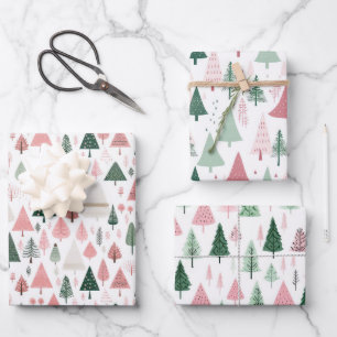 Feuille De Papier Cadeau Arbres de Noël saisonniers fantaisistes rose vert 
