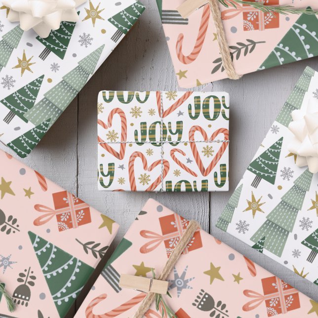 Feuille De Papier Cadeau Arbres de Noël, sucres de canne et cadeaux (Christmas trees, candy canes and presents wrapping paper sheets)