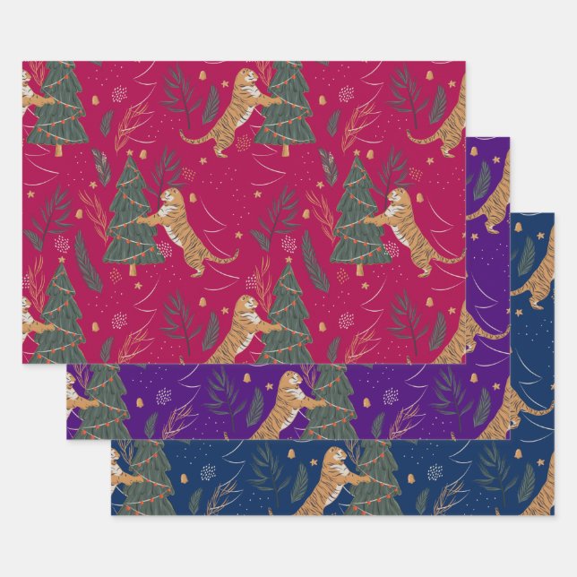 Feuille De Papier Cadeau Arbres de Noël & tigres motif personnalisé arrière (Lot)