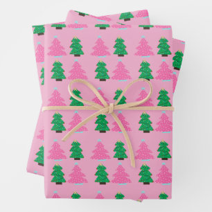 Feuille De Papier Cadeau Arbres de Noël verts et roses
