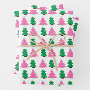 Feuille De Papier Cadeau Arbres de Noël verts et roses
