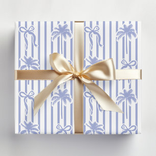 Feuille De Papier Cadeau Arbres Palmiers Côtiers Blanc Bleu Rubans Rayures 