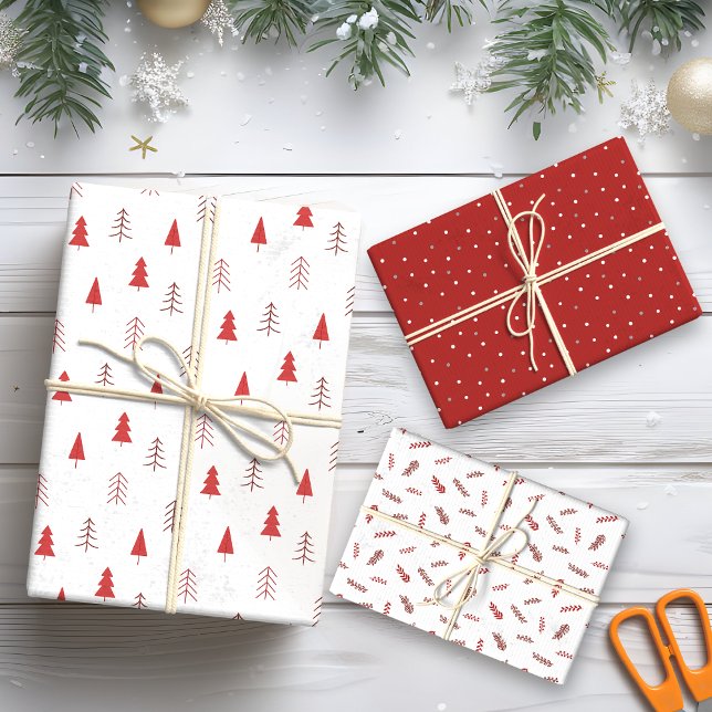 Feuille De Papier Cadeau Arbres rouges modernes et feuillage Cadeau de Noël (Créateur téléchargé)