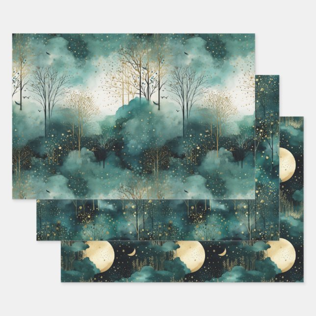 Feuille De Papier Cadeau Arbres verts en or avec oiseaux Noël (Lot)