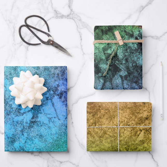 Feuille De Papier Cadeau Arc-en-ciel bleu vert texturé à l'aquarelle (Recto)