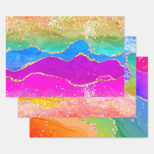 Feuille De Papier Cadeau Arc-en-ciel Coloré Paillettes Marbre Agate