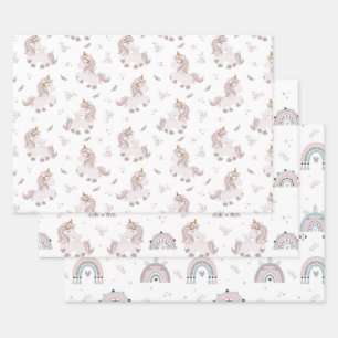 Feuille De Papier Cadeau Arc-en-ciel de licorne Bohème tendance rose gris b