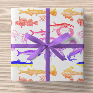 Feuille De Papier Cadeau Arc-en-ciel lumineux Vintage Sea Creatures Line Ar