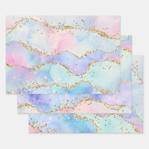Feuille De Papier Cadeau Arc-en-ciel pastel et agate pailletée d'or