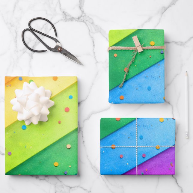 Feuille De Papier Cadeau Arc-en-ciel rayé avec confettis (Recto)