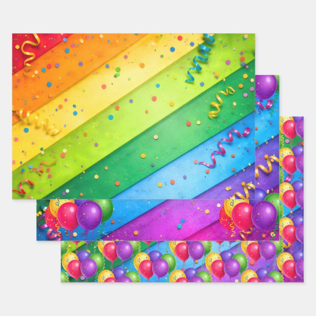 Feuille De Papier Cadeau Arc-en-ciel rayé avec confettis (Lot)