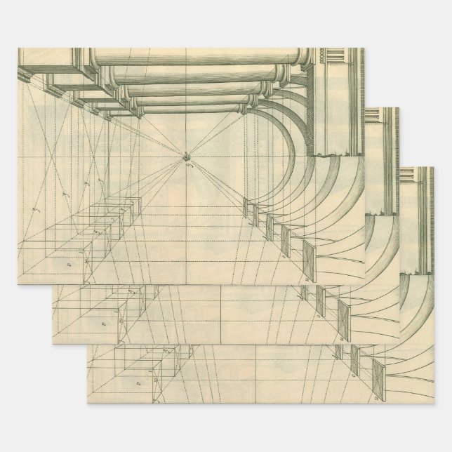 Feuille De Papier Cadeau Architecture vintage, Perspective Colonnes Arches (Lot)