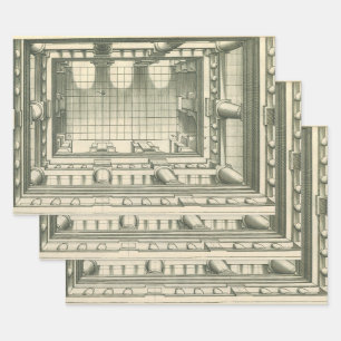 Feuille De Papier Cadeau Architecture vintage, perspective de la cour à atr