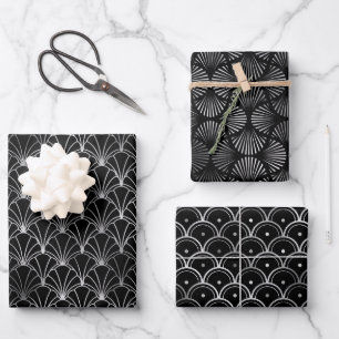 Feuille De Papier Cadeau Argent et Cercles noirs Motif Art déco