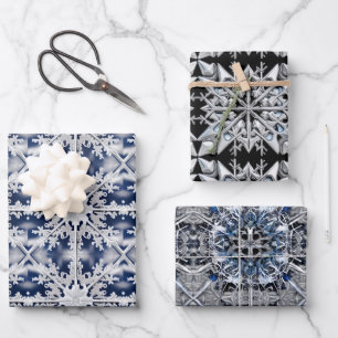 Feuille De Papier Cadeau "Argent" et flocons blancs sur Blue Black Navy