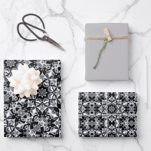 Feuille De Papier Cadeau Argent (gris), Motif noir et blanc (Recto)
