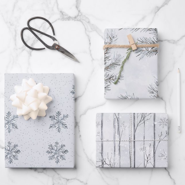 Feuille De Papier Cadeau Argent Snowflakes Branches d'arbre de Noël (Recto)