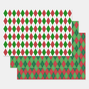 Feuille De Papier Cadeau Argyle de Noël blanc, vert et rouge