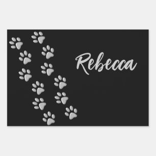 Feuille De Papier Cadeau Arrière - plan noir Silver Dog Paws Motif d'impres