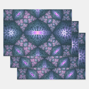 Feuille De Papier Cadeau Art abstrait de motif fractal 3D bleu violet rose