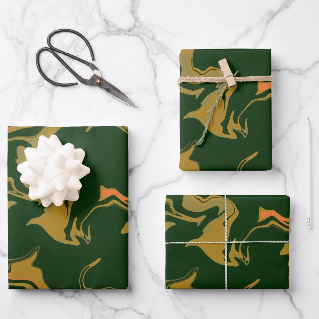 Feuille De Papier Cadeau Art Abstrait Terrien en Vert et Brun Doré (Recto)