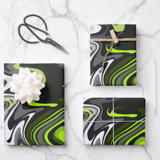 Feuille De Papier Cadeau Art Abstrait vert et gris fluide avec des perruque (Recto)