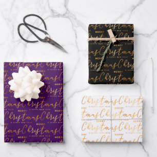 Feuille De Papier Cadeau Art de mots de Noël sur fond violet, noir et blanc