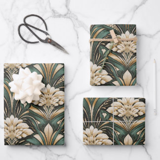 Feuille De Papier Cadeau Art Deco Emerald Gilded Bloom Pattern