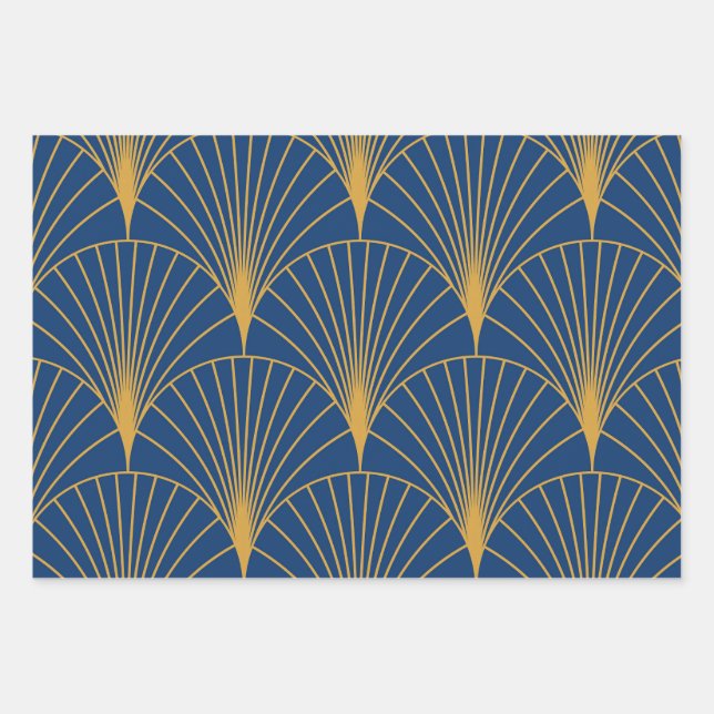 Feuille De Papier Cadeau Art Déco Éventails Géométriques Dorés sur Fond Ble (Devant)