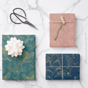 Feuille De Papier Cadeau Art Déco filigrane d'or   Ensemble d'oiseaux Nordi