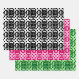 Feuille De Papier Cadeau Art Déco Fret chinois, noir & blanc, rose, vert 