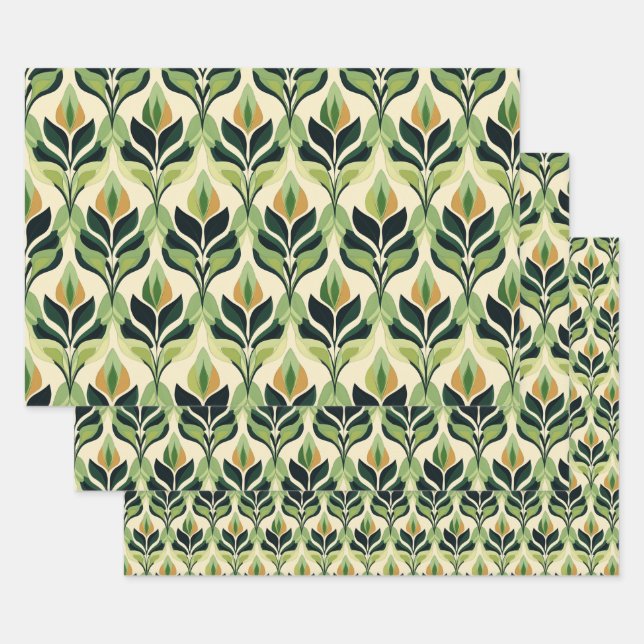 Feuille De Papier Cadeau Art Deco Green Leaf Wrapping Paper Flat Sheet Set (Lot)